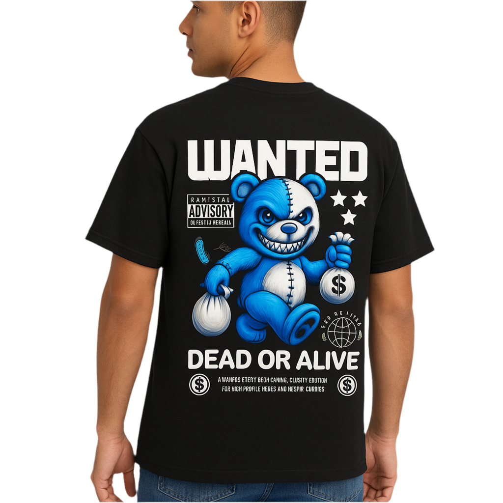 VastraThreds- WANTED Bear Graphic Oversized T-Shirt – Black (Unisex)