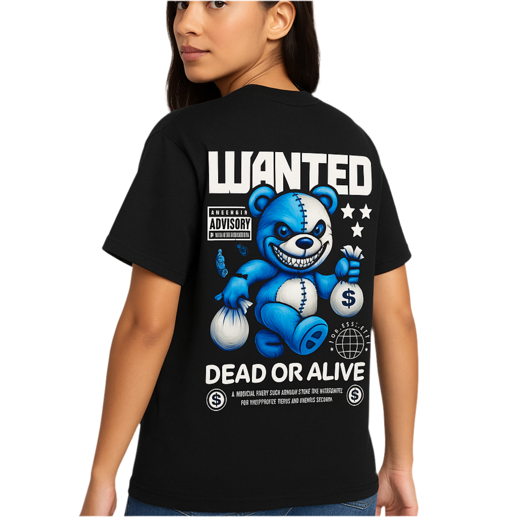VastraThreds- WANTED Bear Graphic Oversized T-Shirt – Black (Unisex)
