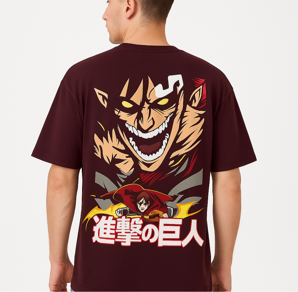 VastraThread - attack on Titan Anime Graphic T-Shirt – Eren Titan Form Design | Japanese Text | Unisex Casual Tee
